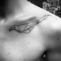 Thin lines dark black ink flying origami bird collarbone tattoo