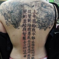Tiger and dragon with hieroglyphs  tattoo on back