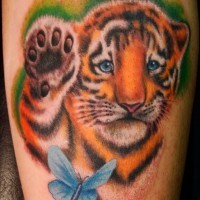 Tiger cub with butterfly in color tattoo