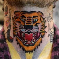 Tiger orange cartoon throat tattoo for guys