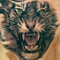 Black tiger with green eyes roar tattoo