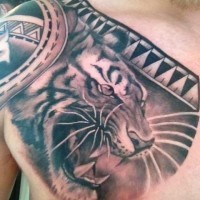 Tiger and tracery tattoo on shoulder and chest