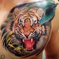 Roaring Tiger tattoo on man's chest