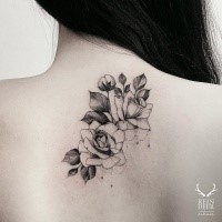 Tiny accurate painted by Zihwa nice flowers tattoo on upper back