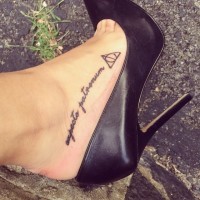 Tiny beautiful painted black ink on foot tattoo of famous spell lettering and geometrical figure