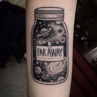 Tiny black ink cute forearm tattoo of can with space and lettering