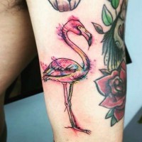 Tiny carelessly painted watercolor flamingo tattoo on arm