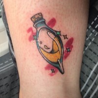Tiny cartoon colored magical bottle tattoo on ankle stylized with multicolored stars