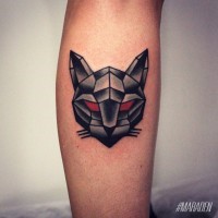 Tiny colored leg tattoo of geometrical demonic cat