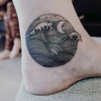 Tiny homemade like black ink waves with moon tattoo on ankle