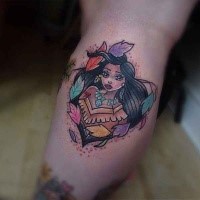 Tiny illustrative style colored leg tattoo of Indian girl with leaves