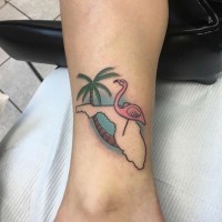 Tiny simple painted ankle tattoo on flamingo bird combined with map part and palm tree