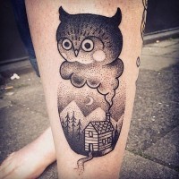 Tiny strange black ink leg tattoo of owl and night house