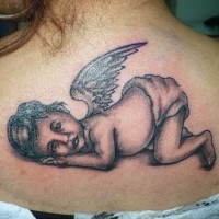 Tired little cherub tattoo on back