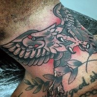 Traditional American flying eagle colored neck tattoo in old school style