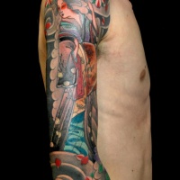 Traditional Asian style colored half sleeve tattoo of geisha with flowers and fog