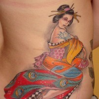 Traditional multicolored side tattoo of Asian geisha in beautiful dress