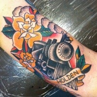 Train with steam colored old school style tattoo with roses and lettering