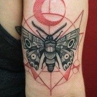 Trash polka style colored arm tattoo of big bug with ornaments