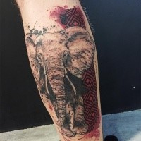 Trash polka style colored leg tattoo of big elephant with red ornaments