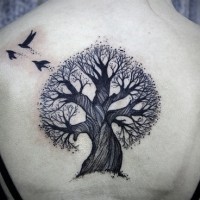 Tatuaje en la espalda, árbol viejo sin hojas y aves