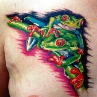 Tree frogs with red eyes tattoo on chest