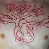 Tree grown from heart skin scarification on chest