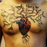 Tree grown from heart tattoo on chest