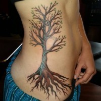 Tree with tiny green leaves and long roots side tattoo