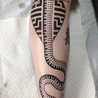 Tribal style designed black ink leg tattoo of cool snake