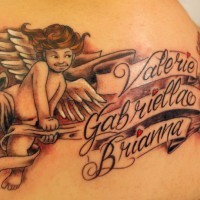 Two cherubs and an inscription with name of child tattoo