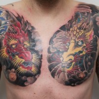 Two head dragon tattoo on chest by graynd