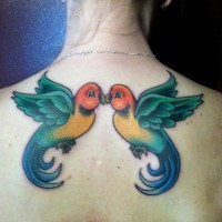 due uccelli simmetrici colorati baciando tatuaggio su schiena