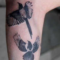 Two magpies flying tattoo on arm
