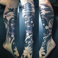 Typical black and gray style leg tattoo of Buddha statue with old temple and flower