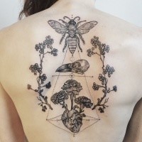 Typical black ink back tattoo of various insects plants and crow skull
