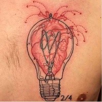 Typical black ink chest tattoo of bulb with heart