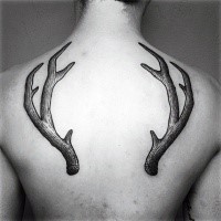 Typisches schwarzes Tattoo am Gravur Stil Tattoo am oberen Rücken  von Hirschgeweih