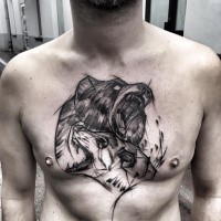 Typical blackwork style chest tattoo of roaring bears by Inez Janiak