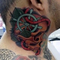 Typical cartoon style colored neck tattoo of human skull with leaves