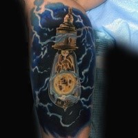 Typical colored arm tattoo of creepy bulb