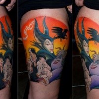 Typical colored cartoon style thigh tattoo of old cartoons evil heroes