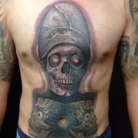 Typical colored chest and belly tattoo of skeleton with hat