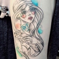 Typical colored sketch style thigh tattoo of woman with mouse