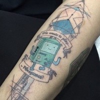 Typical colored sleeve tattoo of fantasy robots and lettering