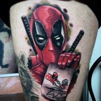 Typical colored thigh tattoo of evil Deadpool with cute card