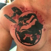 Typical designed and colored chest tattoo of Storm trooper with star wars star fighter
