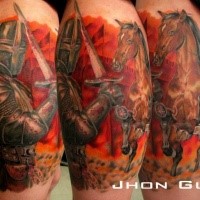 Typical designed vintage picture like colored thigh tattoo of medieval knight with horse