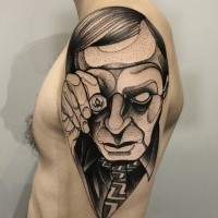 Typical dotwork style painted by Michele Zingales upper arm tattoo of creepy man with ring