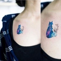 Typical for girl tattoo of cat with stars and flowers